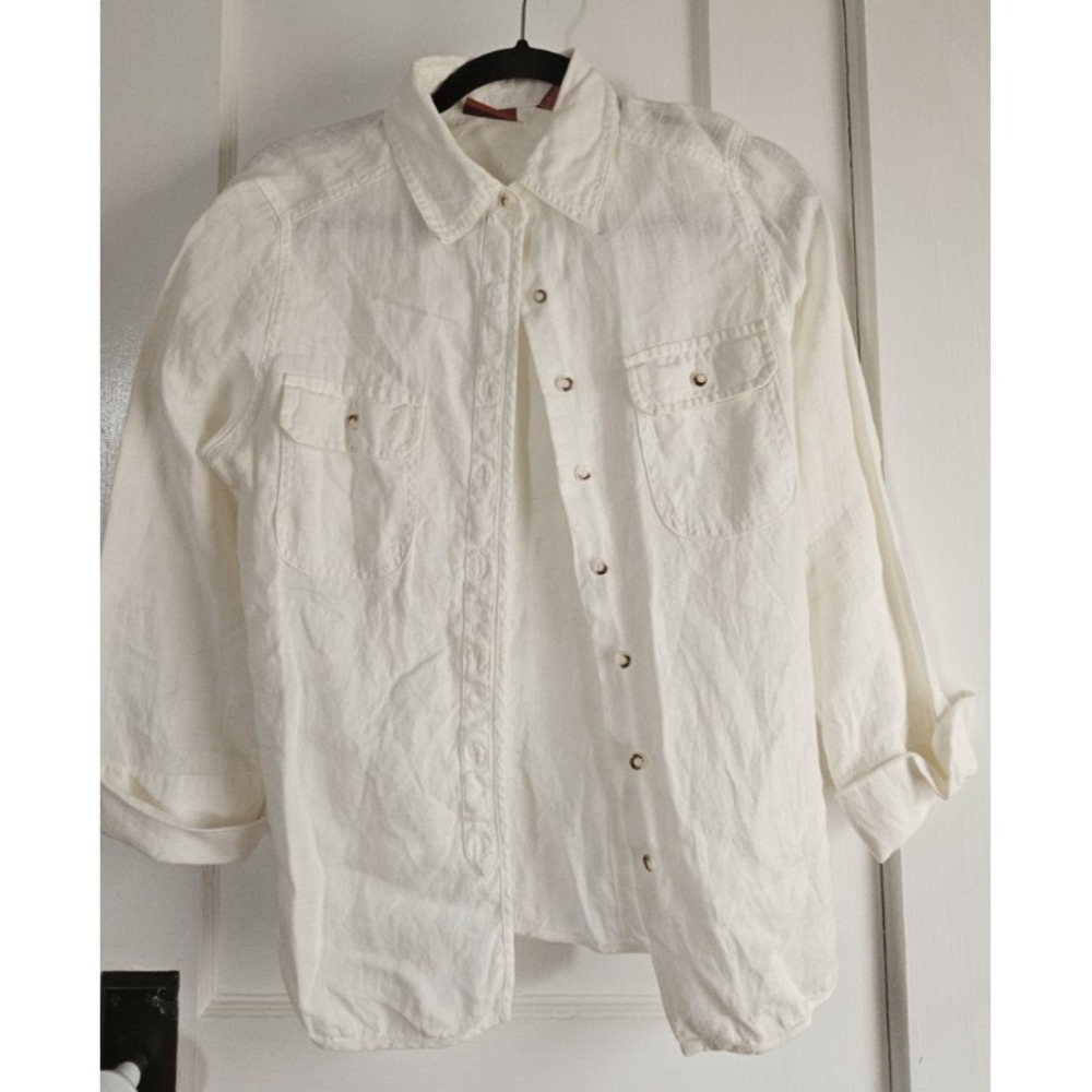 Valeri Stevens white safari button up 100% Linen long sleeve blouse woman Sz PM